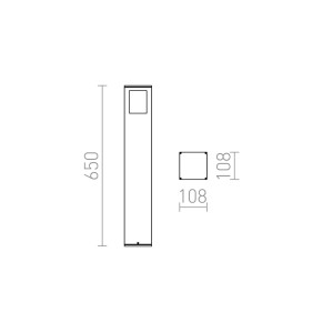 Technische Zeichnung der Rendl Aussenleuchte Ponder 65. Zeigt Masse: H 65 cm, B 10,8 cm. Aussenstehleuchte.