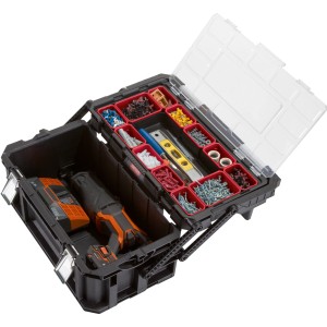 Offene Keter Connect Cantilever Werkzeugbox mit Werkzeug und Kleinteilen.