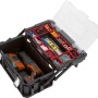Offene Keter Connect Cantilever Werkzeugbox mit Werkzeug und Kleinteilen.
