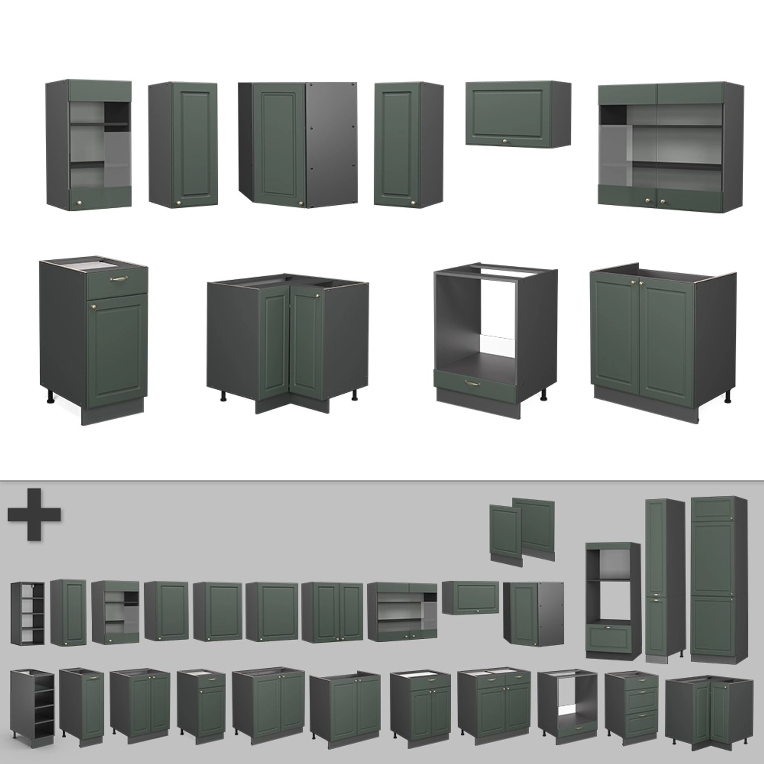 Vicco Fame-Line Eckküche, grün-gold/anthrazit, verschiedene Schränke und Module.