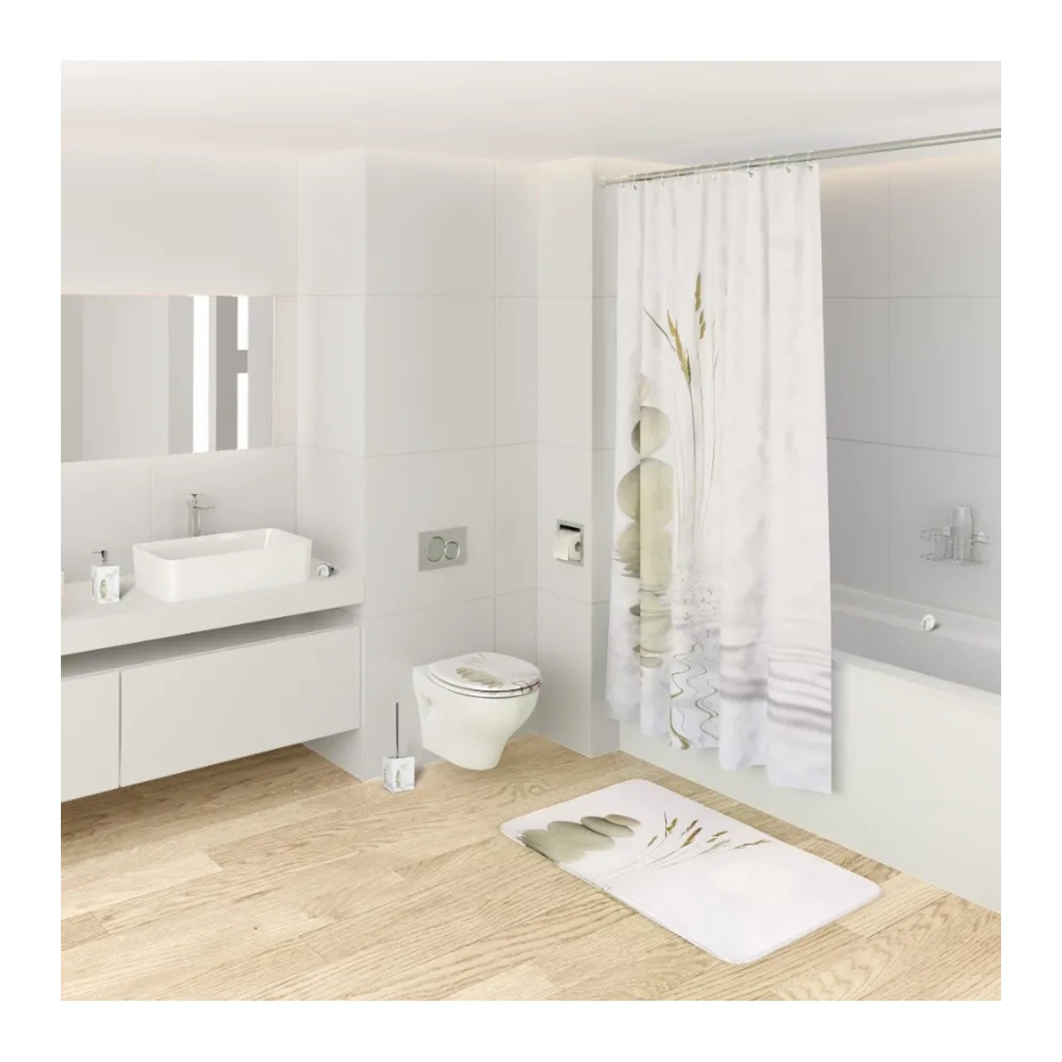 Sanilo WC-Sitz Balance aus Holz im Badezimmer mit passendem Duschvorhang und Badteppich.