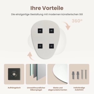 Emke Badspiegel Wassertropfenform 45x60cm: Details zu Aufhängung, Kanten, Material und Zubehör.