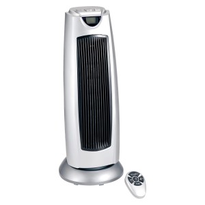 OBI Keramikheizer 2 kW mit Fernbedienung, silberner Turmheizer mit LED-Anzeige.