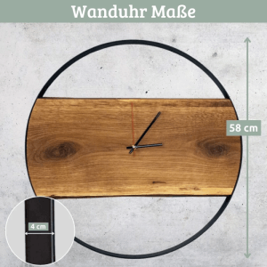 DELUKE Wanduhr Groß Holz PHIL HANDGEFERTIGT 58cm Ø Eiche Geräuschlos Wohnzimmeruhr Holz-Metalloptik Küchenuhr Dekouhr