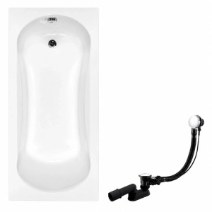 Weiße rechteckige Acryl-Badewanne 170x70 cm mit Ablauf und Füßen, ergonomische Form.