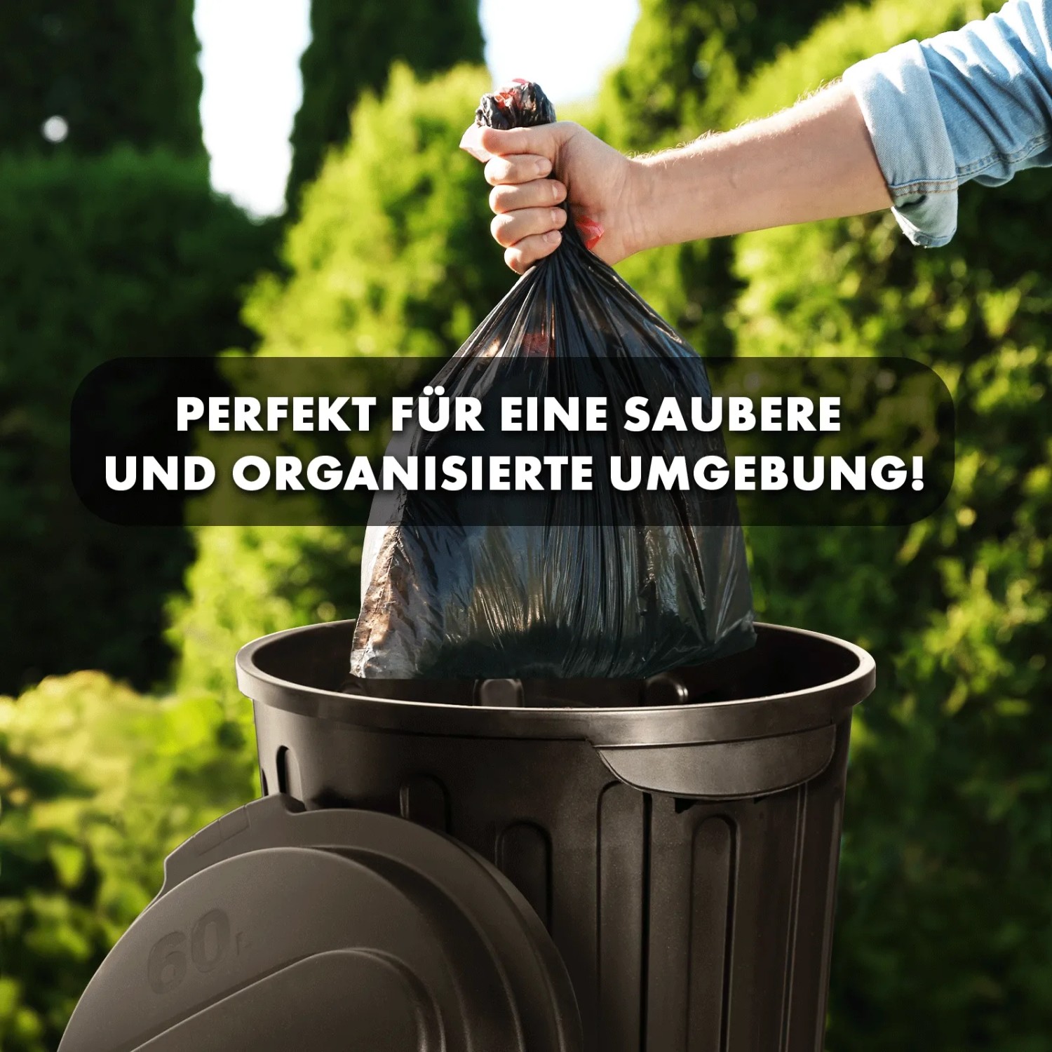 Schwarzer KARAT Mülleimer Robin 60L mit Abfallsack und Deckel.