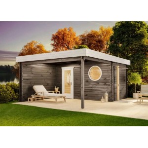 Finntherm Gartensauna Cubus-70 Royal, naturbelassen, mit Liege und rundem Fenster.