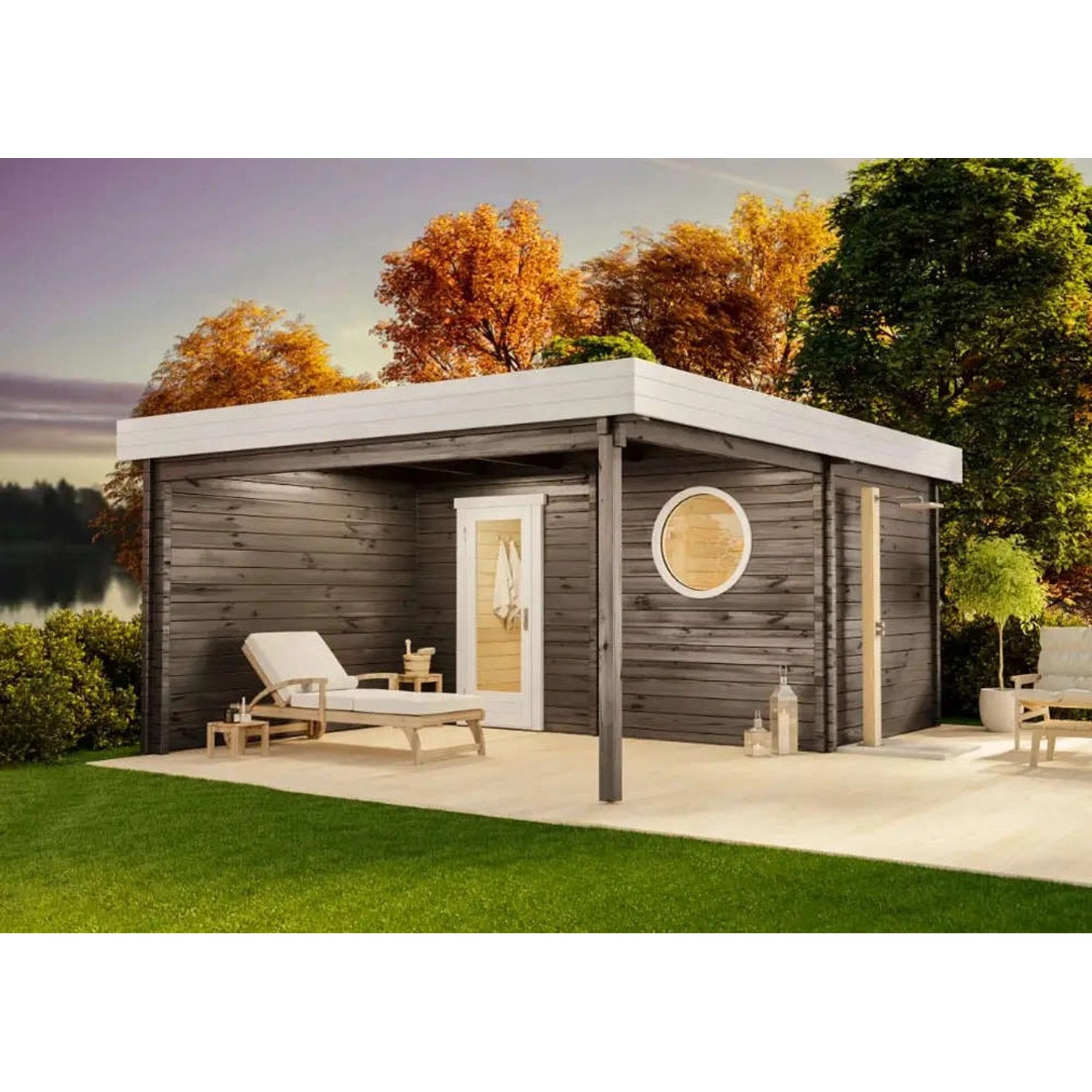 Finntherm Gartensauna Cubus-70 Royal, naturbelassen, mit Liege und rundem Fenster.