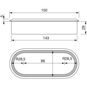 Technische Maßzeichnung der ovalen Kabeldurchführung Ahorn roh. Zeigt Einbaumaße 57x143 mm und Tiefe 28 mm.