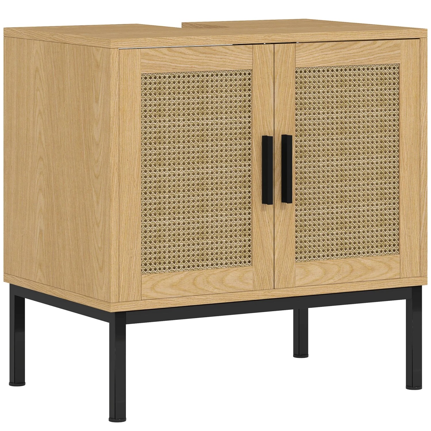 PXloue Badunterschrank Badezimmer Unterschrank mit Rattanoptik Türen Stauraum Eiche 60 x 39 x 60 cm