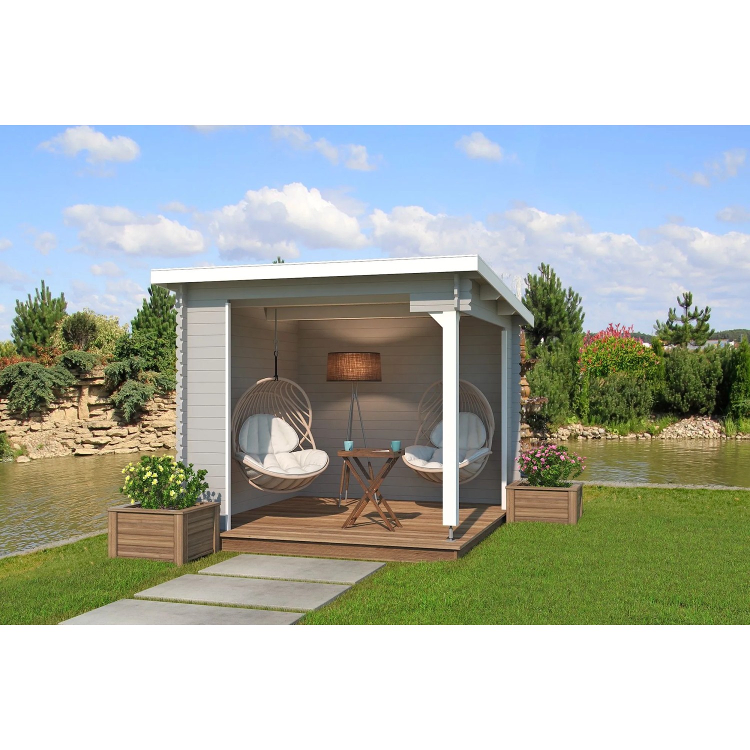 Lasita Holz-Gartenhaus Buffalo 275 Flachdach Lichtgrau Lasiert 275 cm x 275 cm