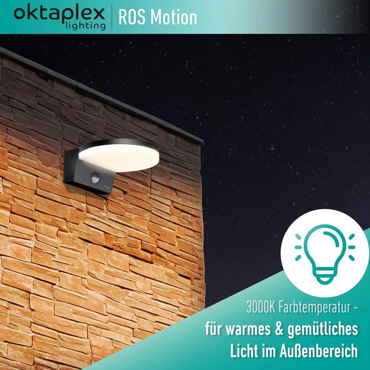 Oktaplex Außenleuchte Ros mit Bewegungsmelder, anthrazit, warmweißes Licht an Hauswand.