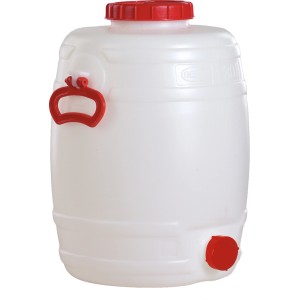 Weißes Graf Universal-Kunststofffass, 30 l, mit rotem Deckel und Auslaufhahn. Ideal zum Ernten und Lagern.