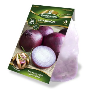 Quedlinburger Steckzwiebel Pinotage, rote Speisezwiebeln im Beutel, frühe Sorte.