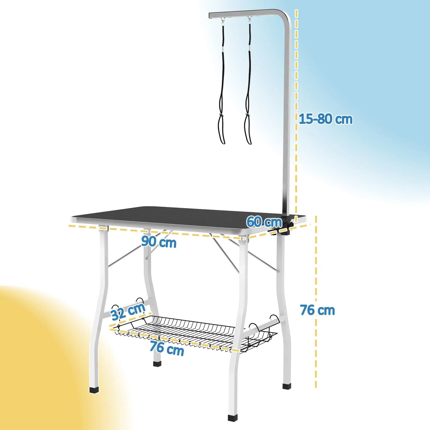 PawHut Tierpflegetisch, schwarz, mit Ablage und verstellbarem Arm für sichere Hundefellpflege.
