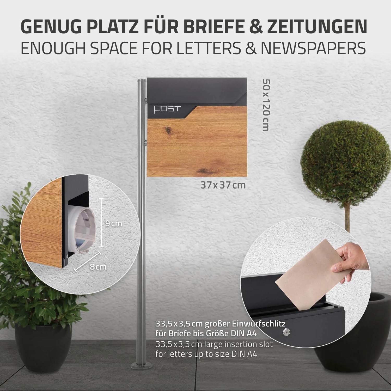 ML-Design Standbriefkasten in Anthrazit-Holzoptik mit Zeitungsfach und silbernem Pfosten.