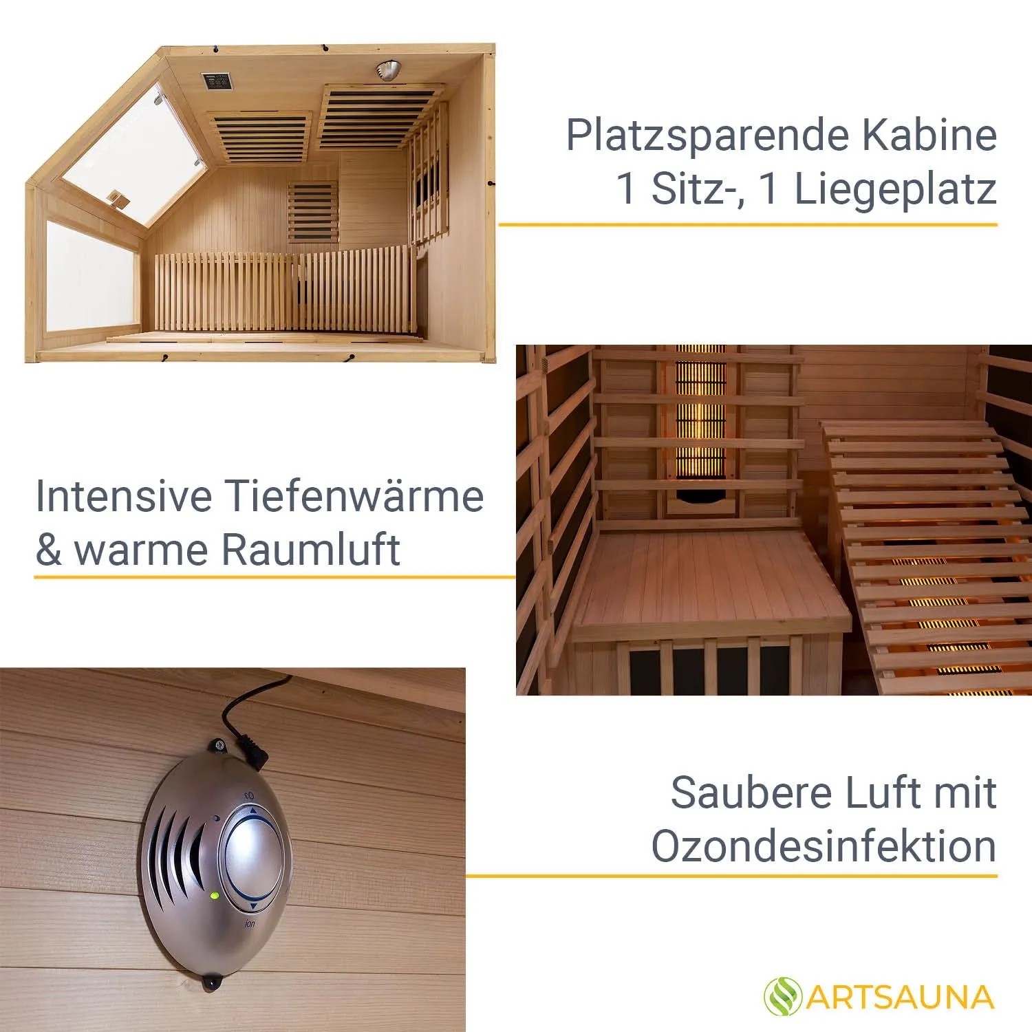 Artsauna Infrarotkabine Esbjerg mit Hemlockholz, Liege und Sitzplatz. Tiefenwärme und Farblicht für Wellness.