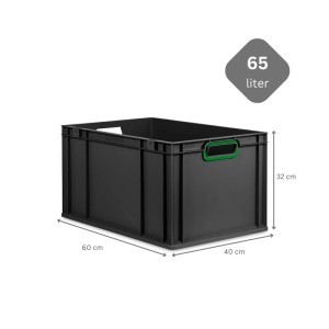 PROREGAL Eurobox Nextgen, 65 Liter, schwarz mit grünen Griffen. Aufbewahrungsbox für Lager und Transport.