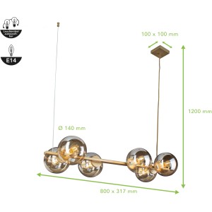 Eco-Light Pendelleuchte Pluto, 6-flammig, goldfarben mit champagnerfarbenen Glaskugeln.