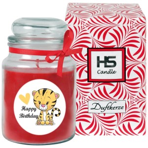 HS Candle Duftkerze Happy Birthday Tiger Rose im Glas mit Geschenkverpackung.