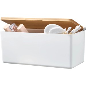 Weiße Tesa Baboo Aufbewahrungsbox mit Bambusdeckel, gefüllt mit Kosmetikartikeln.