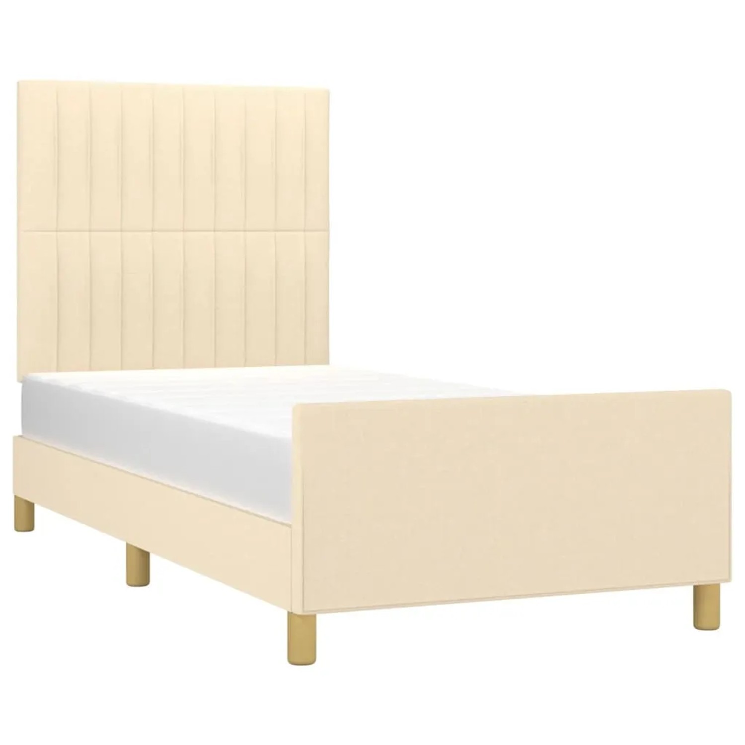 Cremefarbenes Stoff-Bettgestell (80x200 cm) mit geriffeltem Kopfteil. Schlafzimmermöbel.