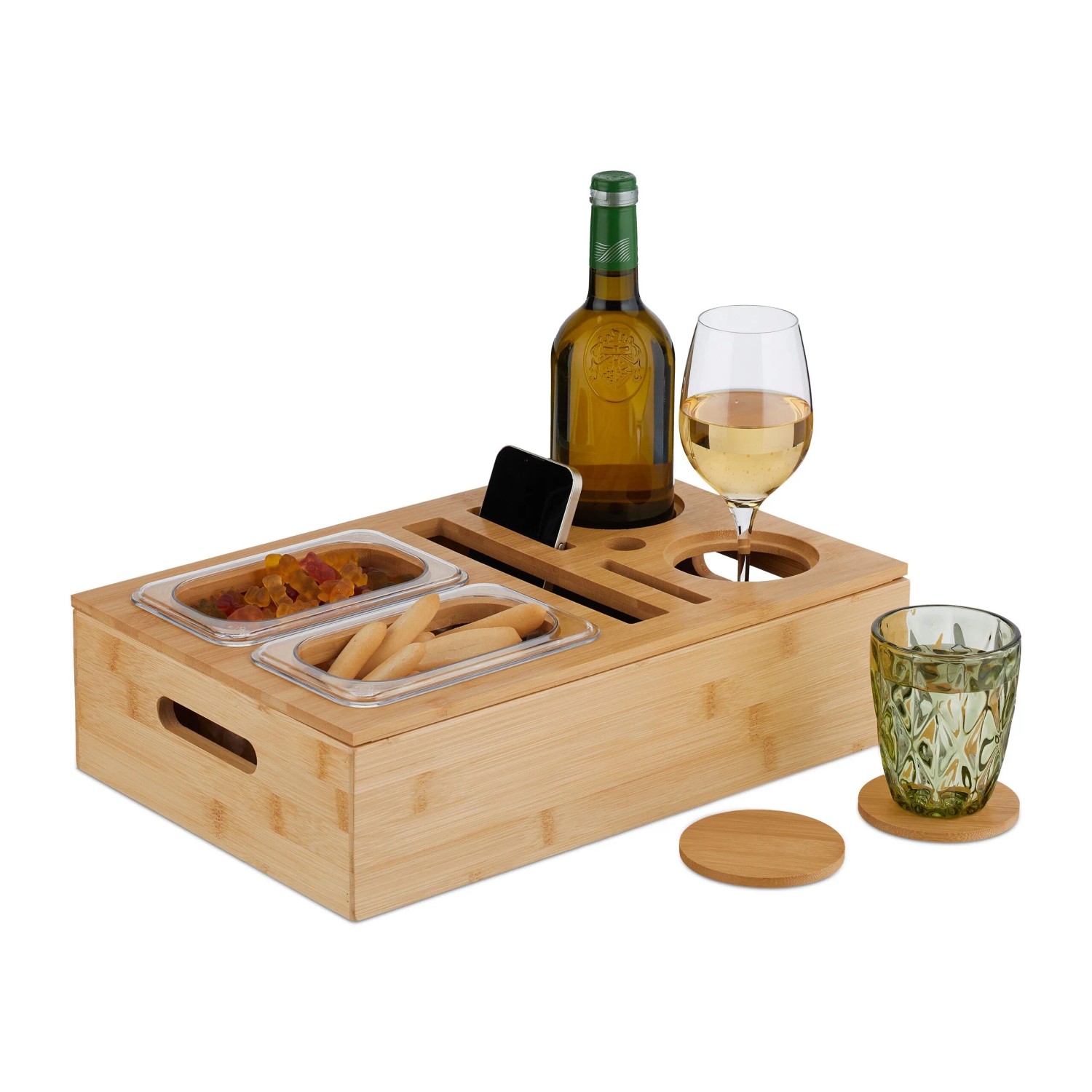Relaxdays Couchbar Bambus Natur Mit Getränkehaltern 10,5 cm x 40 cm x 26 cm 1,8 kg