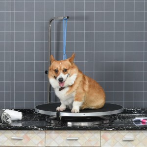 Hund auf PawHut Trimmtisch mit drehbarer Platte und verstellbarem Arm für die Hundefellpflege.