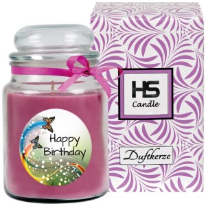 HS Candle Duftkerze Happy Birthday Lavendel im Glas mit Schleife und Geschenkverpackung.