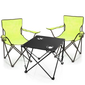 Zwei neon-grüne Faltstühle und ein schwarzer Campingtisch mit Getränkehaltern. Ideal für Camping & Festival.