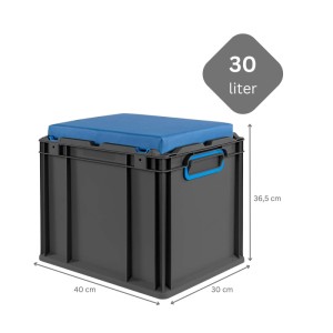 PROREGAL Sparset 4x Eurobox Nextgen Seat Box Blau HxBxT 36,5x30x40cm 30 Liter Griffe Geschlossen Schwarz