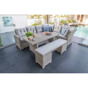 Graues Greemotion Lounge-Set Malia mit Tisch, Sofas und Hockern aus Polyrattan und Aluminium.