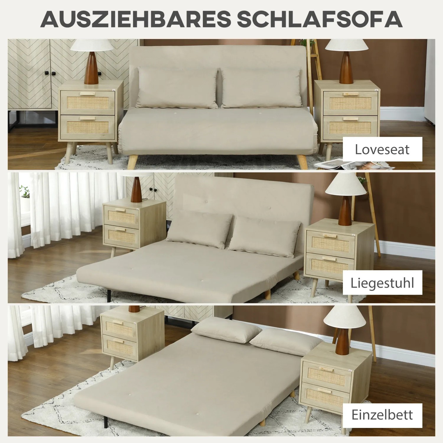 HOMCOM 3-in-1 Schlafsofa, beige, als Sofa, Liegestuhl und Einzelbett mit Kissen.