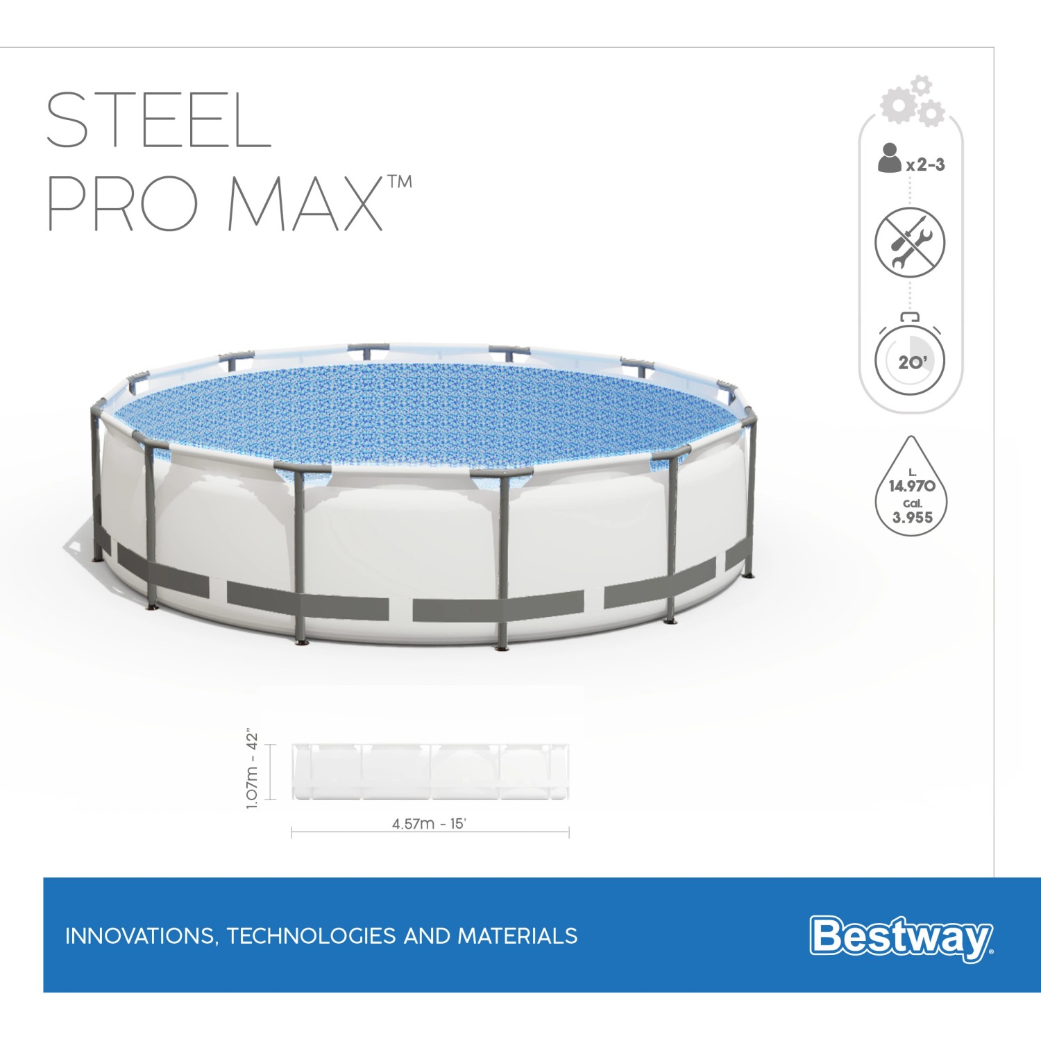 Bestway Stahlrahmen-Pool Set, Ø 457x107 cm, lichtgrau, mit Leiter und Pumpe.
