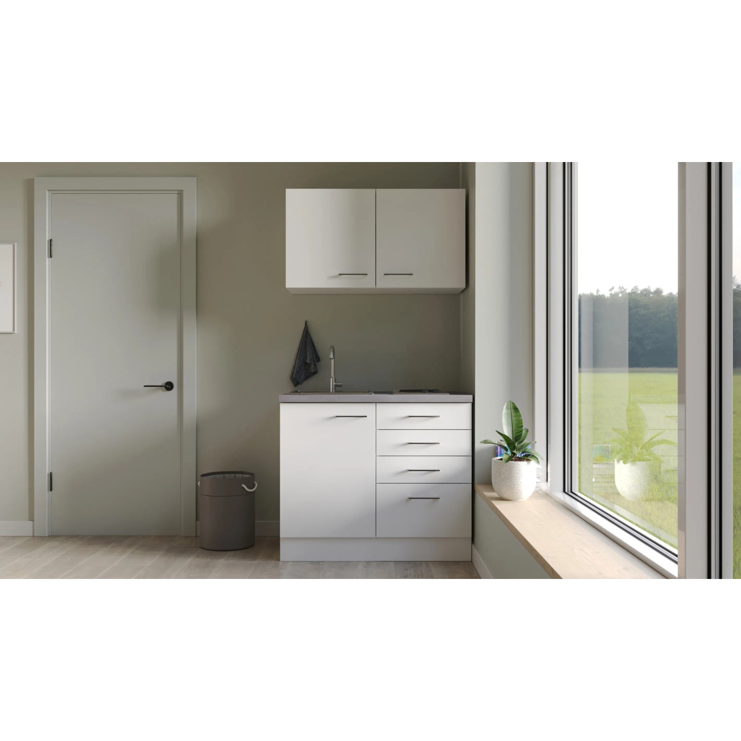 Flex-Well Miniküche Joelina, 100 cm, weiß matt/Beton Grau, mit Spüle und Kochfeld. Ideal für Single-Haushalte.