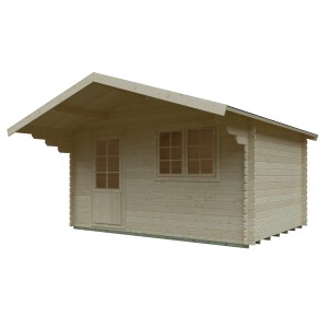 Unbehandeltes Kiehn-Holz Gartenhaus KH 28-097, 380x280 cm, mit Tür und Fenster.