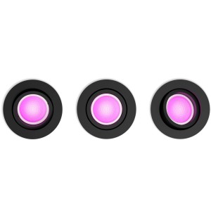 Philips Hue Centura Einbauspot, 3-flammig, schwarz mit farbiger Beleuchtung.