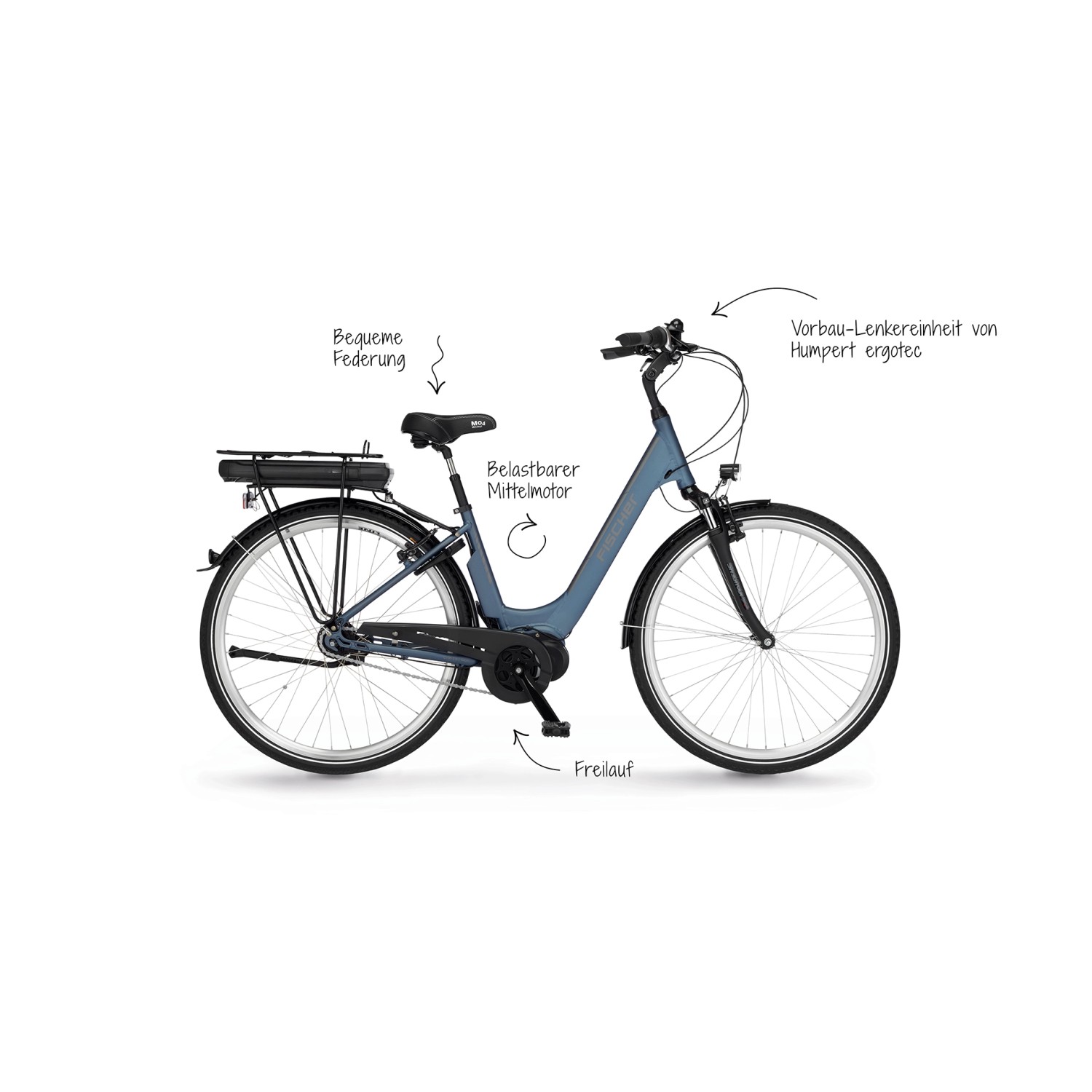 Fischer Cita 2.0 E-Bike City-Fahrrad 28 Zoll in Blau mit Mittelmotor und Gepäckträger-Akku.