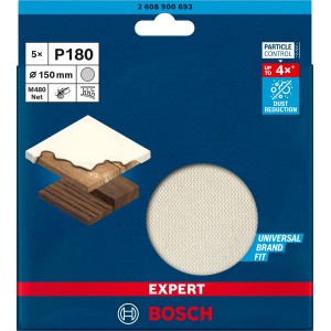 Bosch Expert M480 Netzschleifblatt, Ø150mm, K180, 5 Stück, für Exzenterschleifer. Staubreduktion bis zu 4x.