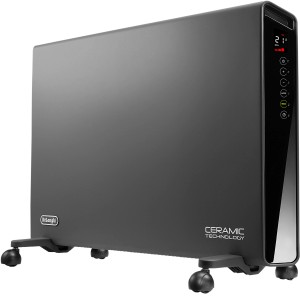 DeLonghi Konvektor HX65L22, ein mobiles, graues, elektrisches Heizgerät mit digitalem Display und Rollen.