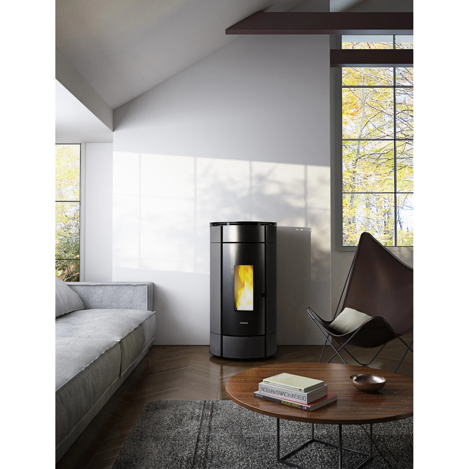 Freepoint Pelletofen Globe, Stahl Anthrazit, 10,5 kW, Automatik im Wohnraum.