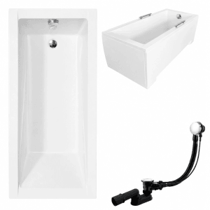 Weiße rechteckige Acryl-Badewanne 180x80 cm mit Acrylschürze, Ablauf und Metallgriffen. Modernes Badewannen-Set.