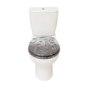SINOBATH WC Sitz mit Absenkautomatik, schwarzes Wassertropfen-Design auf weißer Toilette.