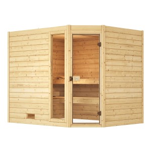 Weka Massivholzsauna Valida Eck mit Glastür und Fenster, naturbelassenes Fichtenholz.