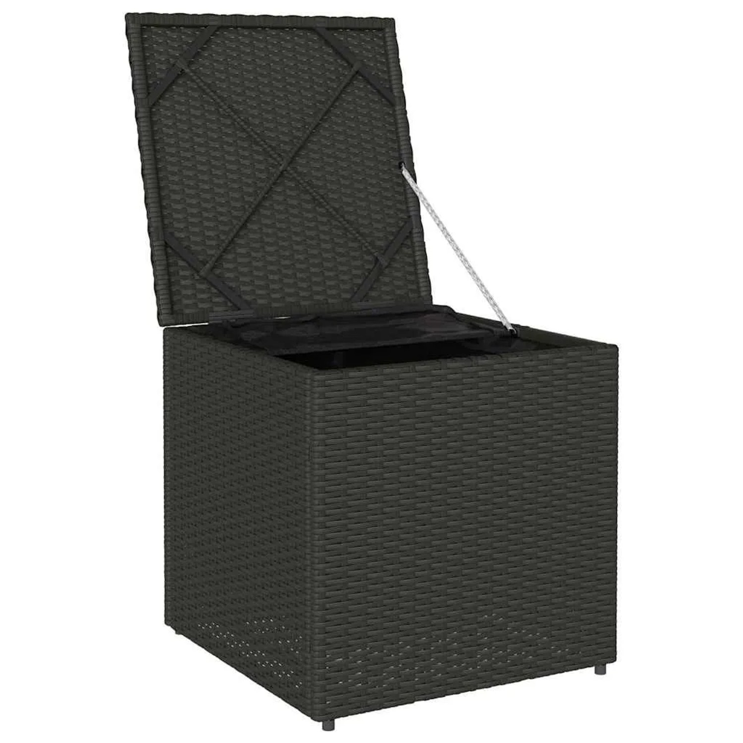 Schwarze vidaXL Kissenbox aus Poly-Rattan, 50x50x50 cm, zur Aufbewahrung im Garten.