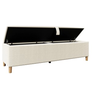Beige Cordstoff Bettbank 175cm mit offenem hydraulischem Stauraum und Holzbeinen. Ideal als Sitzbank.
