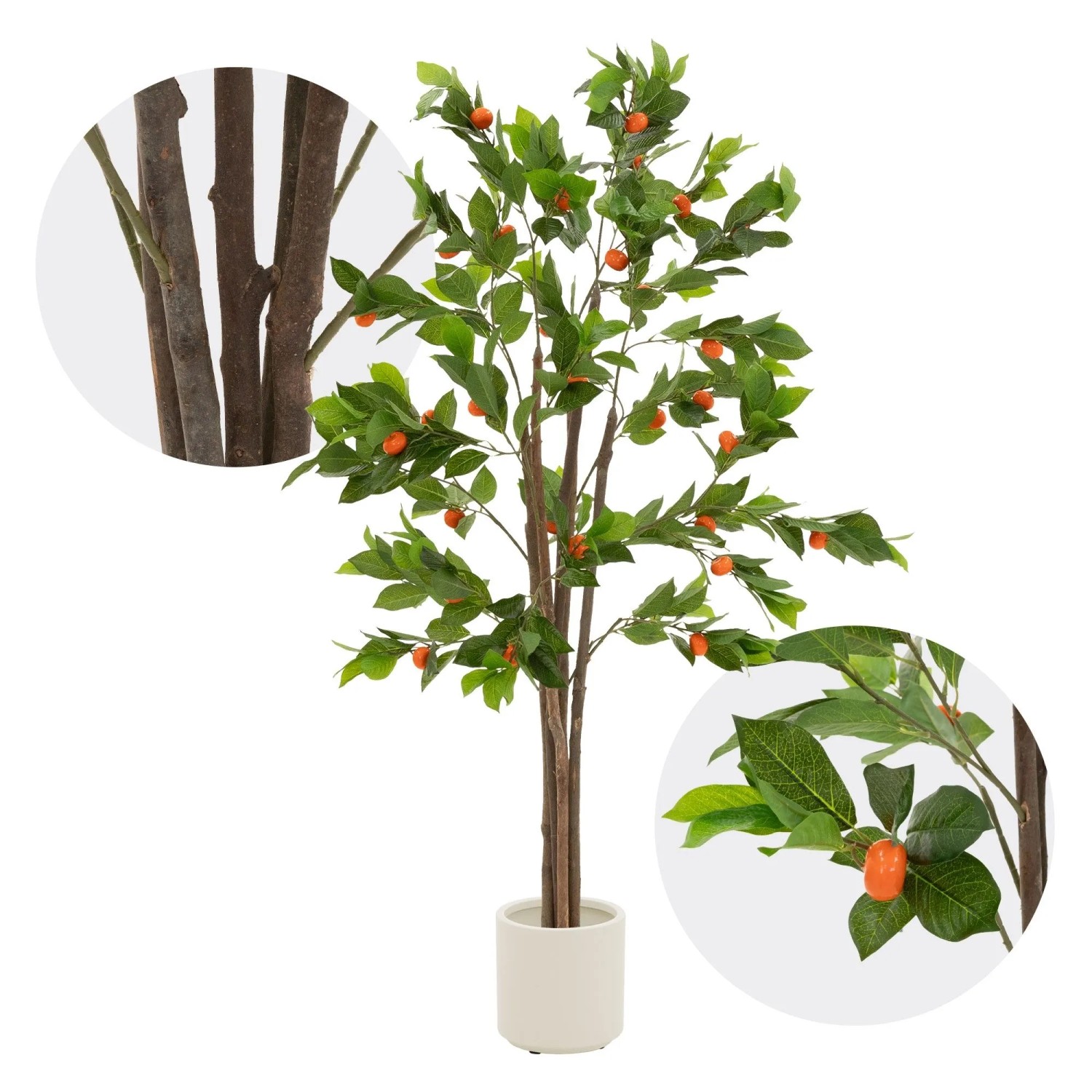 Naturgetreuer ML-Design Kunst Orangenbaum, 160 cm hoch, mit grünen Blättern, orangefarbenen Früchten im weißen Topf.