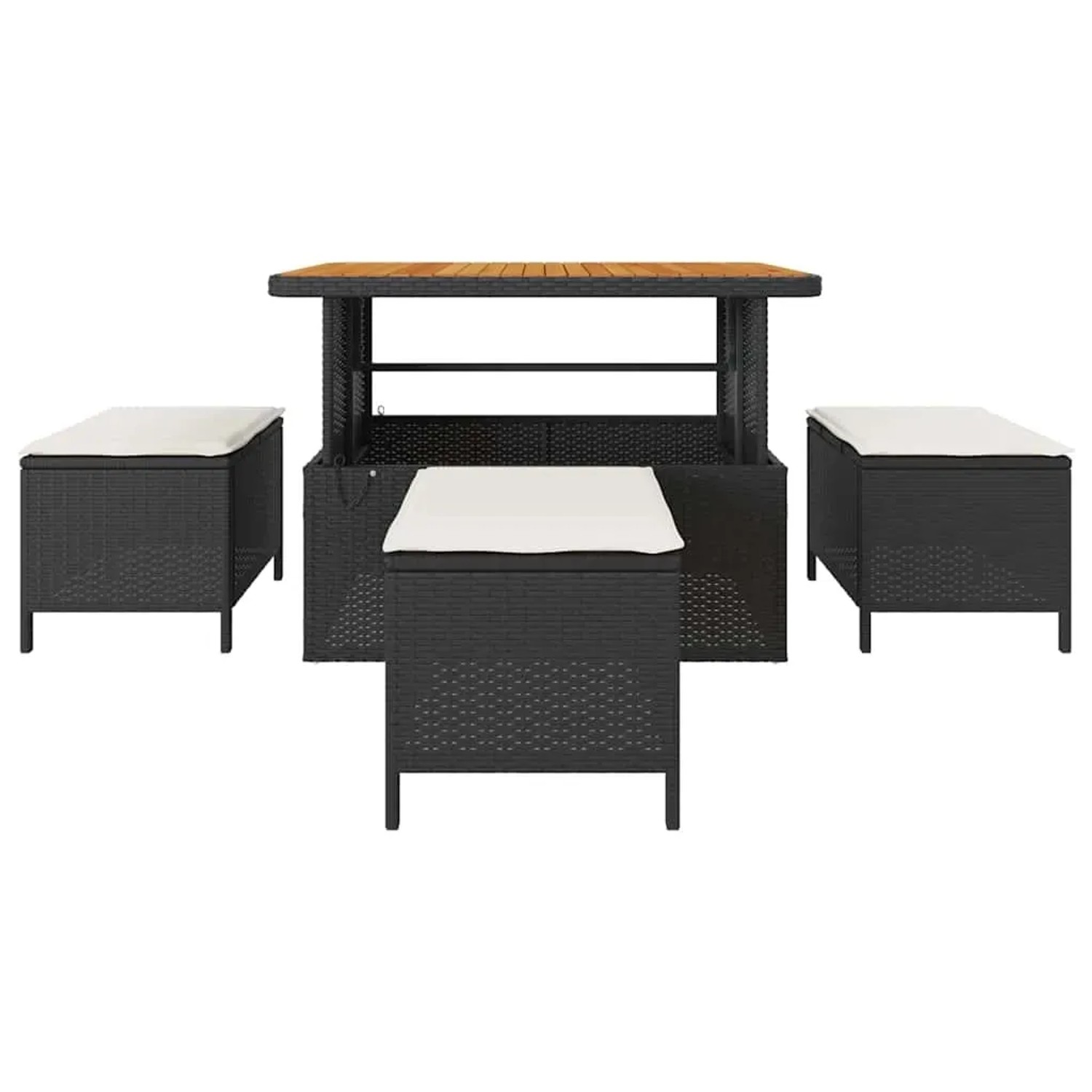 vidaXL Garten Essgruppe, 4-teilig, schwarz, Poly Rattan, mit Tisch und Hockern mit Kissen.