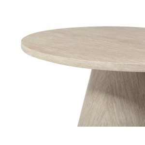 Oberfläche des runden Esstisches Larioza in Beige mit Travertin-Optik. Moderner 120 cm Tisch aus MDF.