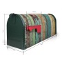 Grüner US Briefkasten mit Bretterwand-Motiv, roter Fahne und Maßangaben. Ideal als Wand- oder Standbriefkasten.